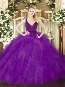 Sleeveless Floor Length Beading and Ruffles Zipper Quinceanera Dresses with Purple