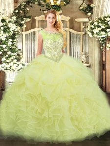 Sumptuous Yellow Organza Zipper Scoop Sleeveless Floor Length Sweet 16 Dress Beading and Ruffles