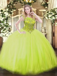 Ball Gowns 15th Birthday Dress Yellow Green Scoop Tulle Sleeveless Floor Length Zipper