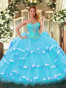 Sweetheart Sleeveless Lace Up Sweet 16 Quinceanera Dress Aqua Blue Organza
