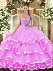 Ball Gowns Quinceanera Dresses Lilac Straps Organza Sleeveless Floor Length Lace Up