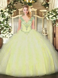 Yellow Green Sleeveless Tulle Lace Up 15 Quinceanera Dress for Military Ball and Sweet 16 and Quinceanera