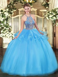 Floor Length Lace Up 15th Birthday Dress Aqua Blue for Military Ball and Sweet 16 and Quinceanera with Beading and Ruffles