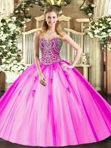 Chic Lilac Ball Gowns Sweetheart Sleeveless Tulle Floor Length Lace Up Beading and Appliques Quinceanera Dresses