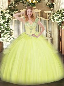 Beading and Ruffles Quinceanera Dresses Yellow Green Lace Up Sleeveless Floor Length