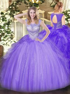 Lavender Tulle Lace Up Scoop Sleeveless Floor Length Quinceanera Gown Beading