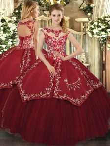 Cute Cap Sleeves Satin and Tulle Floor Length Lace Up Sweet 16 Dress in Wine Red with Beading and Appliques and Embroidery