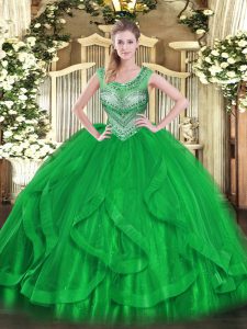Superior Green Lace Up Quinceanera Gowns Beading and Ruffles Sleeveless Floor Length