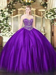 Lovely Sleeveless Satin Floor Length Lace Up Vestidos de Quinceanera in Purple with Beading
