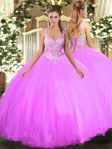 Lilac Tulle Lace Up Sweet 16 Dresses Sleeveless Floor Length Beading