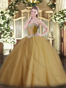 Champagne Ball Gowns Beading Quince Ball Gowns Lace Up Tulle Sleeveless