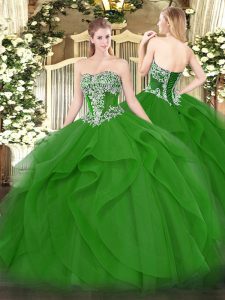 Exceptional Strapless Sleeveless Quince Ball Gowns Floor Length Beading and Ruffles Green Tulle