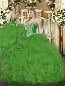 Spectacular Beading and Ruffles 15th Birthday Dress Green Lace Up Sleeveless Floor Length