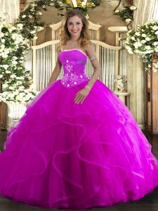 Comfortable Fuchsia Strapless Neckline Beading and Ruffles 15 Quinceanera Dress Sleeveless Lace Up