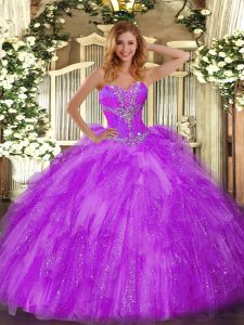 Floor Length Eggplant Purple Sweet 16 Quinceanera Dress Organza Sleeveless Beading and Ruffles