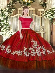 Modest Embroidery Sweet 16 Quinceanera Dress Wine Red Zipper Short Sleeves Floor Length