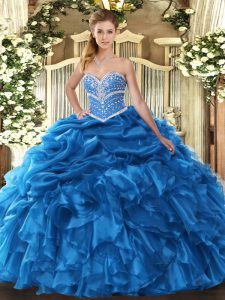 Low Price Sweetheart Sleeveless Quinceanera Dress Floor Length Beading and Ruffles and Pick Ups Blue Organza