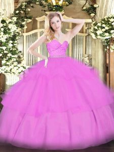 Lilac Sleeveless Floor Length Beading and Lace and Ruffled Layers Zipper Quinceanera Dresses