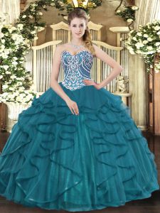 Beauteous Sweetheart Sleeveless Quinceanera Gowns Floor Length Beading and Ruffles Teal Tulle