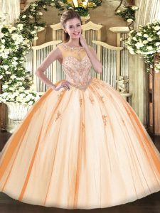 Dramatic Ball Gowns 15th Birthday Dress Peach Scoop Tulle Sleeveless Floor Length Zipper