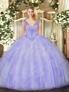 New Arrival Lavender Lace Up V-neck Beading and Ruffles Sweet 16 Dress Organza Sleeveless