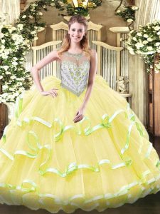 Chic Beading and Ruffled Layers 15th Birthday Dress Yellow Green and Light Yellow Zipper Sleeveless Floor Length