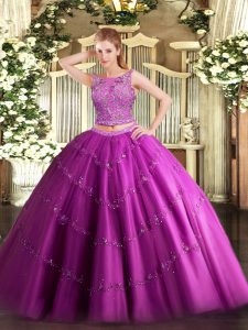 Vintage Scoop Sleeveless Tulle 15th Birthday Dress Beading and Appliques Lace Up