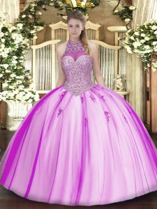 Sleeveless Floor Length Beading and Appliques Lace Up Ball Gown Prom Dress with Fuchsia
