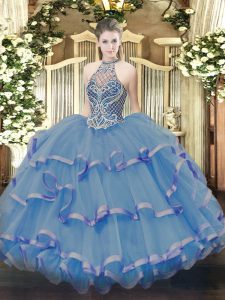 Blue Lace Up Sweet 16 Quinceanera Dress Beading and Ruffles Sleeveless Floor Length