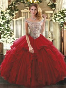 Off The Shoulder Sleeveless Lace Up 15 Quinceanera Dress Wine Red Tulle