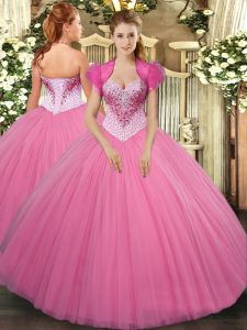 Rose Pink Ball Gowns Beading Vestidos de Quinceanera Lace Up Tulle Sleeveless Floor Length