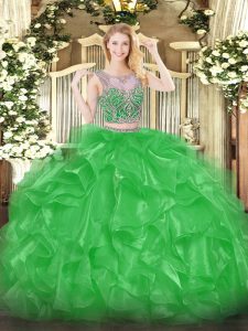 Beading and Ruffles Quince Ball Gowns Green Lace Up Sleeveless Floor Length