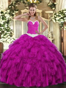 Inexpensive Fuchsia Lace Up 15 Quinceanera Dress Appliques and Ruffles Sleeveless Floor Length
