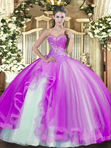 Stylish Lilac Ball Gowns Sweetheart Sleeveless Tulle Floor Length Lace Up Beading and Ruffles 15 Quinceanera Dress