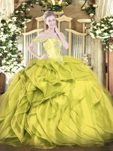 Stylish Floor Length Olive Green 15th Birthday Dress Organza Sleeveless Beading and Ruffles