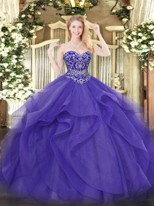 Sweetheart Sleeveless Ball Gown Prom Dress Floor Length Beading and Ruffles Purple Tulle