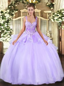 Pretty Lavender Organza Lace Up Straps Sleeveless Floor Length Ball Gown Prom Dress Beading