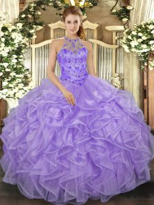 Lavender Sleeveless Floor Length Beading and Ruffles Lace Up Quinceanera Dresses
