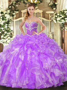 Fashion Sleeveless Floor Length Beading and Ruffles Lace Up Quinceanera Gowns with Lavender