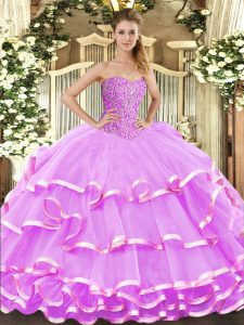 On Sale Lilac Lace Up 15 Quinceanera Dress Beading and Ruffled Layers Sleeveless Floor Length