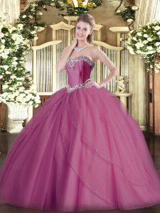 Unique Lilac Lace Up Sweetheart Beading Quinceanera Gown Tulle Sleeveless Brush Train