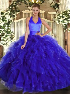Delicate Royal Blue Sleeveless Floor Length Ruffles Lace Up Sweet 16 Dress