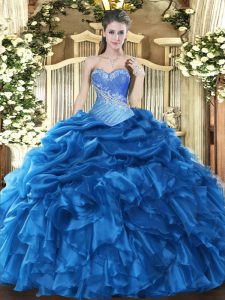 Customized Blue Sleeveless Organza Lace Up Quinceanera Gowns for Military Ball and Sweet 16 and Quinceanera