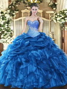Customized Blue Sleeveless Organza Lace Up Quinceanera Gowns for Military Ball and Sweet 16 and Quinceanera