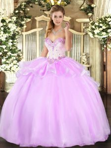 Perfect Sleeveless Floor Length Beading Lace Up Vestidos de Quinceanera with Lilac
