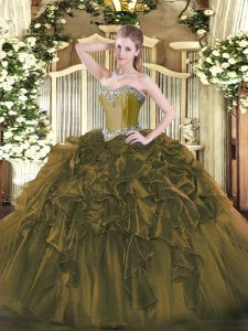 Enchanting Olive Green 15 Quinceanera Dress Military Ball and Sweet 16 and Quinceanera with Beading and Ruffles Sweetheart Sleeveless Lace Up
