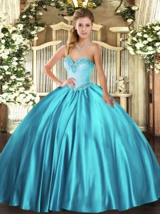 Floor Length Lace Up Sweet 16 Dresses Teal for Military Ball and Sweet 16 and Quinceanera with Beading