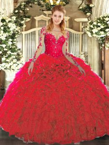 Sleeveless Lace Up Floor Length Lace and Ruffles Quinceanera Gowns