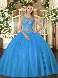 Modern Baby Blue Lace Up Scoop Beading Quince Ball Gowns Tulle Sleeveless