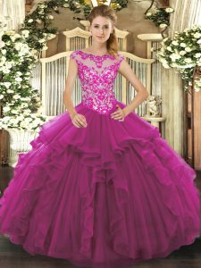 Low Price Floor Length Fuchsia 15th Birthday Dress Organza Sleeveless Beading and Ruffles